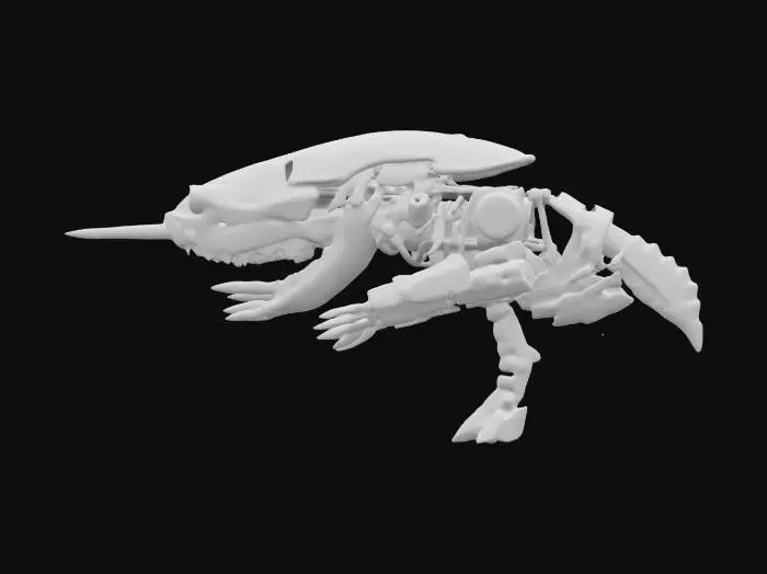 3D model for Envision a biomechanical alien creature that’s a living, fleshy gun. Its iridescent skin glimmers, merging organic and mechanical elements. With eyes that shimmer with mischief, the creature resembles a bizarre submachine gun, complete with a mouth that fires bullets in rapid bursts. This unique entity pulses with life and personality.