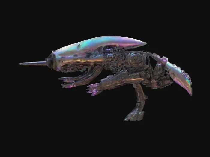 3D model for Envision a biomechanical alien creature that’s a living, fleshy gun. Its iridescent skin glimmers, merging organic and mechanical elements. With eyes that shimmer with mischief, the creature resembles a bizarre submachine gun, complete with a mouth that fires bullets in rapid bursts. This unique entity pulses with life and personality.