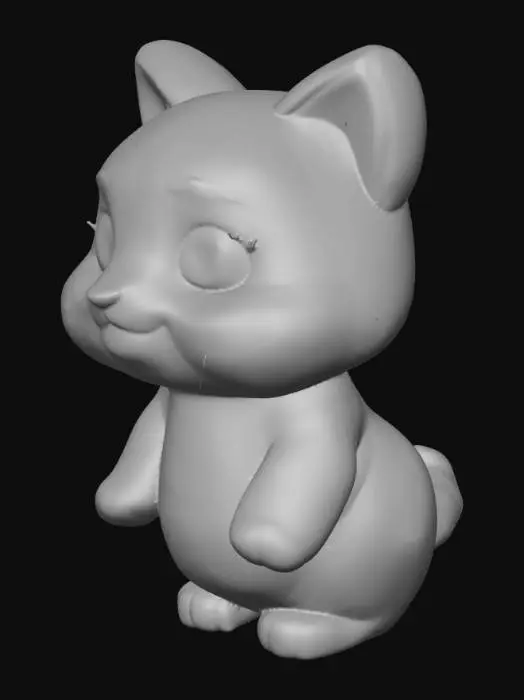 3D model for A highly realistic kawaii cat character with incredibly soft, thick fur that covers its entire body, giving it a plush and inviting tactile quality. Its rounded head features large, expressive eyes with a gentle gaze, a small pink nose, and perked, pointed ears. The fur displays subtle variations in length and density, creating a natural, detailed texture, in a warm cream color with delicate tabby markings. Its slightly plump and endearing shape conveys a friendly and approachable presence.