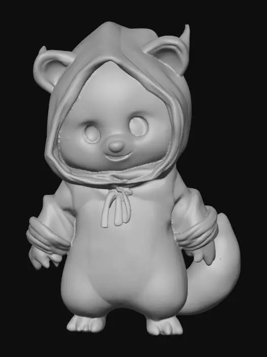 3D model for A plump, cute kawaii raccoon character, its soft, charcoal gray fur striped with creamy white markings. It wears an oversized, plush midnight-black hoodie with the hood pulled entirely up, framing its face. Large, glowing crimson eyes peer out from the shadows of the hood, complemented by small, obsidian-like horns subtly emerging from the fabric. Tiny, sharp fangs peek from a sweet, slightly unsettling smile, while its fluffy, ringed tail curves playfully. The hoodie's fabric appears thick and comforting, contrasting with the demonic gaze.