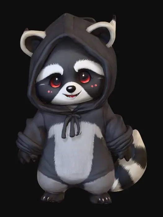 3D model for A plump, cute kawaii raccoon character, its soft, charcoal gray fur striped with creamy white markings. It wears an oversized, plush midnight-black hoodie with the hood pulled entirely up, framing its face. Large, glowing crimson eyes peer out from the shadows of the hood, complemented by small, obsidian-like horns subtly emerging from the fabric. Tiny, sharp fangs peek from a sweet, slightly unsettling smile, while its fluffy, ringed tail curves playfully. The hoodie's fabric appears thick and comforting, contrasting with the demonic gaze.