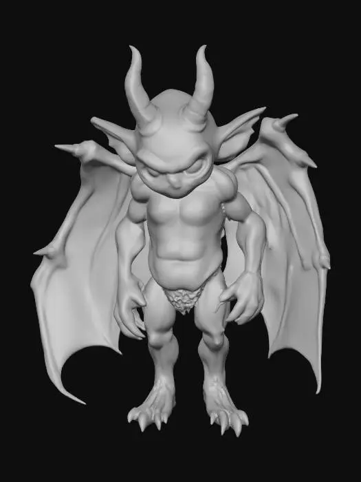 3D model for #villain#, A short, stout villain with an oddly endearing, almost chibi-like, yet unsettlingly monstrous physique. Its skin is a mottled greenish-gray, stretched taut over a strangely lumpy frame. Dominating its face are piercing, infernal red eyes, glowing with a malevolent, satanic intensity that contrasts sharply with its otherwise somewhat clumsy features. From its hunched back sprout leathery, bat-like wings, ragged and darkly veined, appearing both powerful and awkwardly attached, giving it a uniquely cutely ugly and undeniably evil presence.
