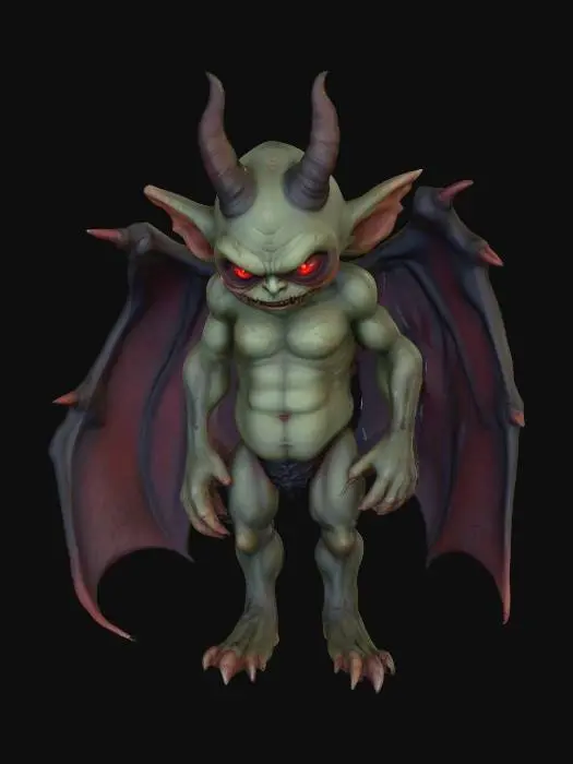 3D model for #villain#, A short, stout villain with an oddly endearing, almost chibi-like, yet unsettlingly monstrous physique. Its skin is a mottled greenish-gray, stretched taut over a strangely lumpy frame. Dominating its face are piercing, infernal red eyes, glowing with a malevolent, satanic intensity that contrasts sharply with its otherwise somewhat clumsy features. From its hunched back sprout leathery, bat-like wings, ragged and darkly veined, appearing both powerful and awkwardly attached, giving it a uniquely cutely ugly and undeniably evil presence.