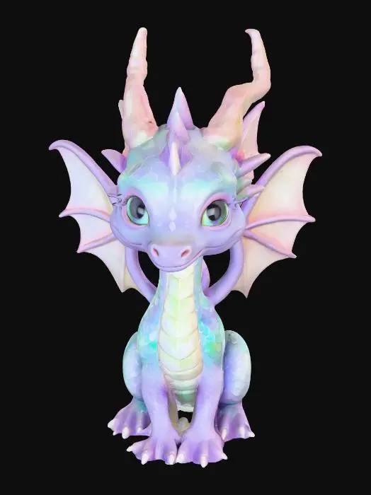 3D model for A truly whimsical dragon, its lithe form composed of meticulously sculpted, pearlescent scales that shimmer with a soft, ethereal glow, shifting from iridescent lavenders to gentle mint greens. Its skin, smooth and cool to the touch, tapers into delicate, almost feathered wings that catch light playfully. Centered on its elegant forehead is a large, flawlessly faceted moonstone, radiating a soft, inner luminescence. A long, gracefully tapering tail, textured with fine, subtle ridges, culminates in a series of perfectly symmetrical, polished amethyst spikes, each one a rounded, decorative jewel rather than a sharp threat.