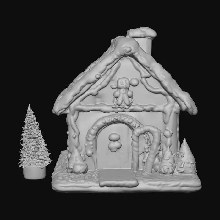 3D model for #Christmas2025#, Create me a cute gingerbread house with a gingerbread man coming out and decorating the home