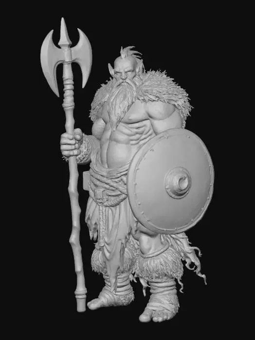 3D model for warrior dwarf holding a 2 headed axe in the right hand and going over his shoulder. the left hand holding a damaged shield. the dwarf is looking like he just came back from battle
give the dwarf tattoos all over his body and head. put blood on all over hime