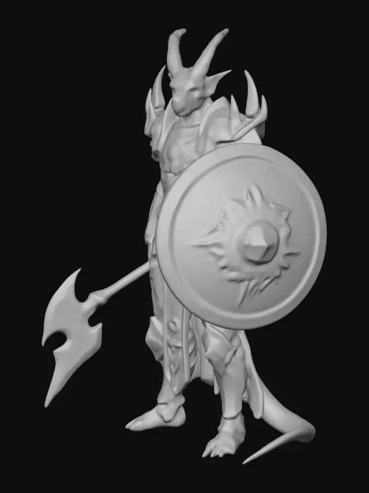 3D model for Dragonborn paladin with enchanted armor, a large tower shield on the left arm with glowing runes embedded in the shield, a holy mace in the right hand, and an armored tail, epic battle pose, high quality