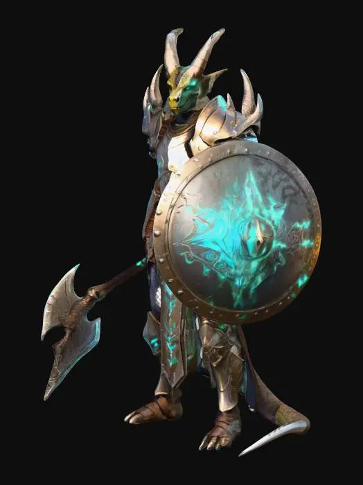 3D model for Dragonborn paladin with enchanted armor, a large tower shield on the left arm with glowing runes embedded in the shield, a holy mace in the right hand, and an armored tail, epic battle pose, high quality