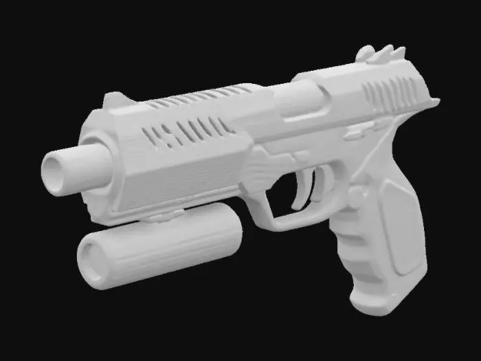 3D model for a futuristic handgun with elegant design and mounted surpressor. comes in a mat black finish, with some parts in shiny silver.