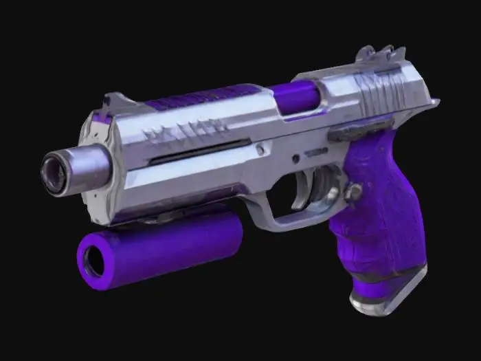 3D model for a futuristic handgun with elegant design and mounted surpressor. comes in a mat black finish, with some parts in shiny silver.