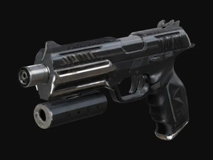 3D model for a futuristic handgun with elegant design and mounted surpressor. comes in a mat black finish, with some parts in shiny silver.