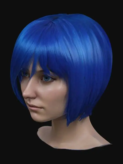 3D model for Weibliche Perücke mit blauem, glänzenden Haar, geschnitten als kurzer Bobcut. Das Modell ist kopflos und zeigt nur das Haar. PBR-Texturen sind für ein realistisches 4k Game gemacht.