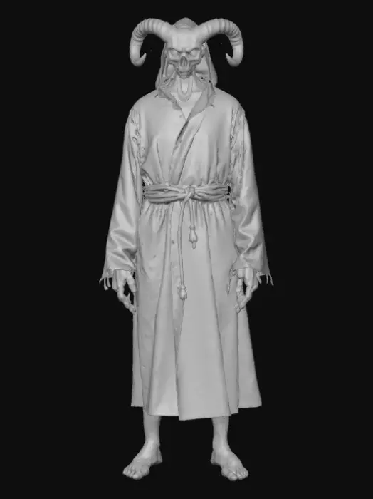 3D model for Generate an ultra realistic version of Ghostface, with a grotesque,twisted skull-like mask featuring demonic horns, glowing red eyes. and cracked, charred bone textures. The robe is torn, worn. His posture is menacing and intimidating.