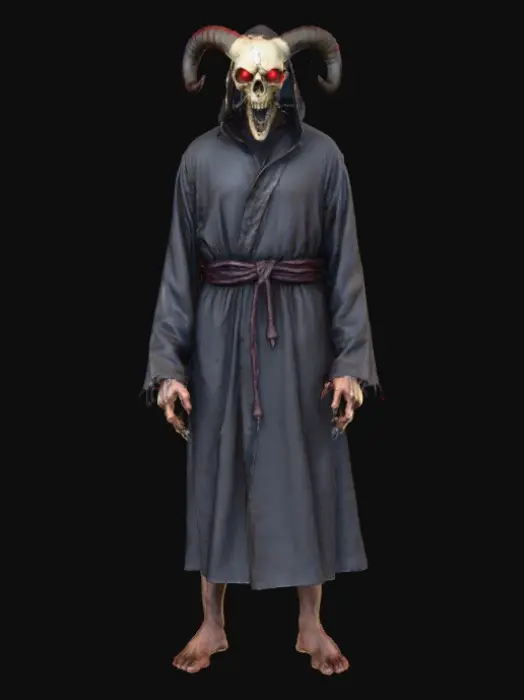 3D model for Generate an ultra realistic version of Ghostface, with a grotesque,twisted skull-like mask featuring demonic horns, glowing red eyes. and cracked, charred bone textures. The robe is torn, worn. His posture is menacing and intimidating.