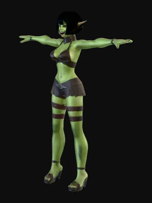 3D model for (texture), girl, abs, smile, black thighhighs, colored skin, wear dress, short dress, orc-girl, closed mouth, big fangs, female, female orc, green skin, medium breasts, black hair, medium hair, bob hairstyle, strong female, navel, pointy ears, sharp teeth, smile, sweat, teeth, tusks, glowing blue eyes, t-pose, t-stance, standing, full body,