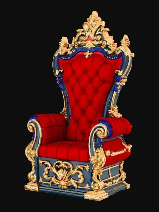 3D model for An opulent throne large enough for a 6-inch figure to sit on, exquisitely crafted from polished gold with black highlights. Its imposing structure features wwe logo armrests and intricate championship engravings. A deep crimson velvet upholstery, with royal blue stitching offers a tufted texture, while a prominent rear hook is perfectly integrated for hanging a title belt, conveying a tactile blend of smooth, cool metal and soft, rich fabric.