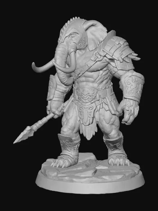 3D model for a hybrid warrior combining an elephant/ tiger with a humanoid body, combining the fur and leathery hide of each animal, with handmade armour, this creature is the perfect predator, with tusks and claws, and the ability to walk upright