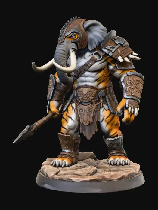 3D model for a hybrid warrior combining an elephant/ tiger with a humanoid body, combining the fur and leathery hide of each animal, with handmade armour, this creature is the perfect predator, with tusks and claws, and the ability to walk upright