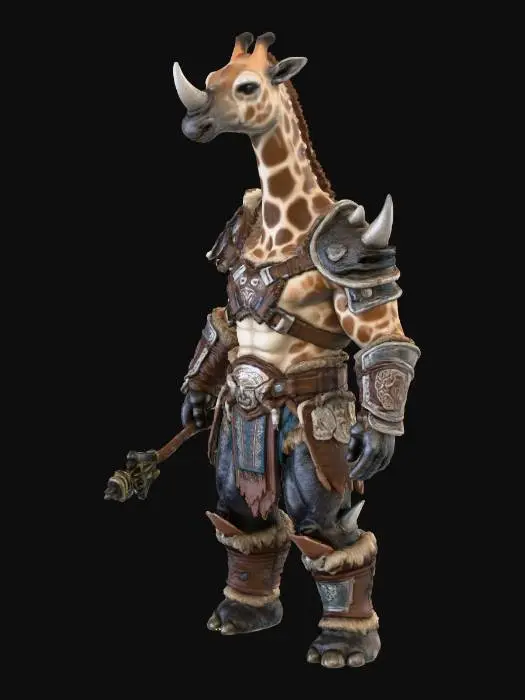 3D model for a hybrid warrior combining an giraffe/ rhinoceros with a humanoid body, combining the fur and leathery hide of each animal, with handmade armour, this creature is the perfect predator, with horns and a long neck, and the ability to walk upright
