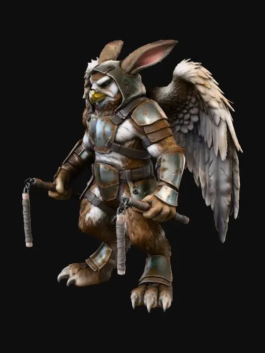 3D model for A formidable rabbit/ owl hybrid humanoid warrior, its muscular body covered in coarse, brown and white fur, evoking a tough, bodybuilder physique. Sharp talons grip its feet while its hands have the claws of a rabbit, complementing a prominent, battle-scarred beak. Powerful, feathered wings sprout from its back, while its frame suggests raw strength, marked by the dystopian wasteland's harshness. It is wearing leathery rusted metal armour and wields twin nunchucks