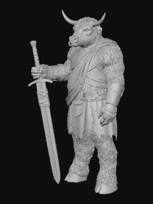 3D model for A formidable humanoid Highland Cow warrior, its muscular body covered in long, brown hair, evoking a tough, warrior physique. a prominent, battle-scarred nose with large piercing. It is wearing leathery rusted metal armour over a tattered tartan kilt and wields a massive broadsword