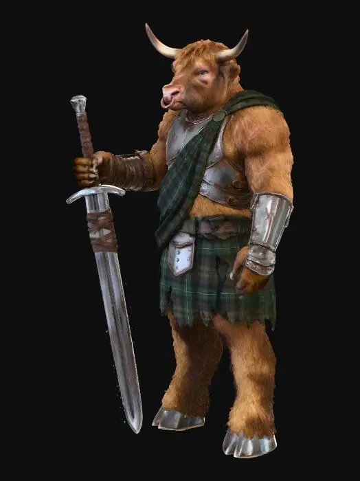 3D model for A formidable humanoid Highland Cow warrior, its muscular body covered in long, brown hair, evoking a tough, warrior physique. a prominent, battle-scarred nose with large piercing. It is wearing leathery rusted metal armour over a tattered tartan kilt and wields a massive broadsword