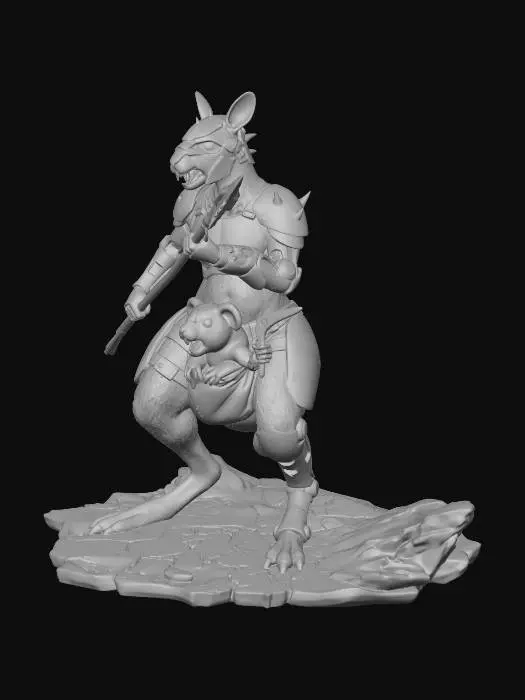 3D model for an angry hybrid kangaroo humanoid warrior in rusted metal and leather dystopian armour, holding a spear, with a rabid koala companion in her pouch wielding boomerangs, both with enhanced cybernetics,