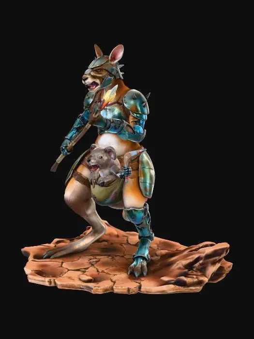 3D model for an angry hybrid kangaroo humanoid warrior in rusted metal and leather dystopian armour, holding a spear, with a rabid koala companion in her pouch wielding boomerangs, both with enhanced cybernetics,