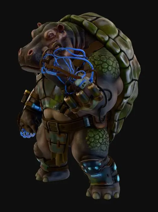 3D model for an angry hybrid hippopotamus/ turtle humanoid warrior with a blend of leathery skin and scales with a shell on its back, in rusted metal and leather dystopian armour, with enhanced cybernetics, wielding electrified brass knuckles made from scrap metal and batteries