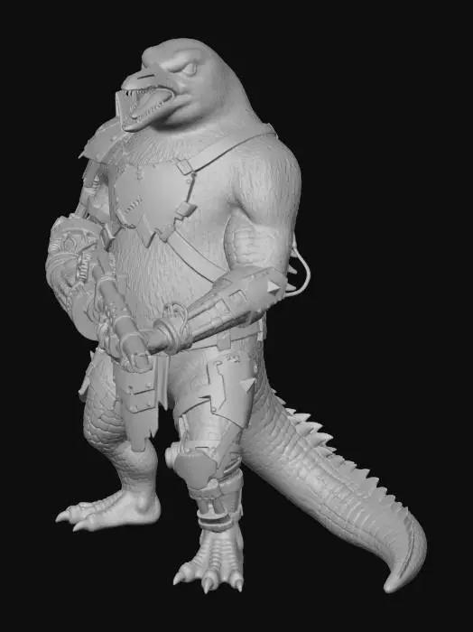 3D model for an angry hybrid penguin/ crocodile humanoid warrior with a blend of fur and scales, in rusted metal and leather dystopian armour, with enhanced cybernetics, wielding a homemade firearms made from scrap metal