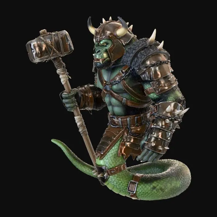 3D model for a hybrid silverback gorilla mutated with a boa-constrictor, combining the scales and fur of both animals and the snake fangs in the gorilla mouth, dressed in post-apocalyptic armour, and carrying a crudely made mallet-hammer weapon