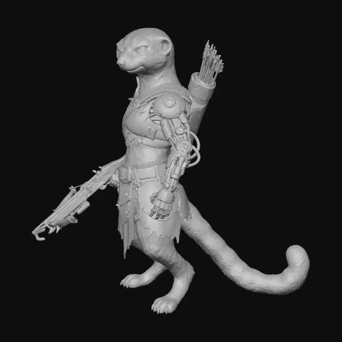 3D model for a hybrid humanoid meerkat mutated with a snow leopard, combining the features and abilities of both animals and enhanced with cybernetics in her face and arms. She is dressed in post-apocalyptic armour, and carrying a crudely made crossbow with a quiver of poison darts on her back