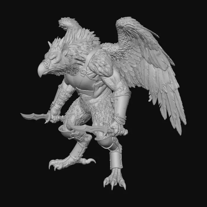 3D model for A formidable hawk-hyena hybrid humanoid warrior, its muscular body covered in coarse, mottled brown and grey fur, evoking a tough, leathery texture. Sharp hawk talons grip its feet while its hands have the claws of a hyena, complementing a prominent, battle-scarred beak. Powerful, tattered feathered wings sprout from its back, while its lean, athletic frame suggests raw strength, marked by the dystopian wasteland's harshness. It is wearing leathery rusted metal armour and wields twin dagger weapons