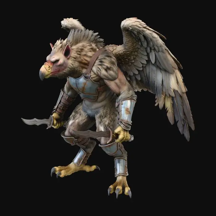 3D model for A formidable hawk-hyena hybrid humanoid warrior, its muscular body covered in coarse, mottled brown and grey fur, evoking a tough, leathery texture. Sharp hawk talons grip its feet while its hands have the claws of a hyena, complementing a prominent, battle-scarred beak. Powerful, tattered feathered wings sprout from its back, while its lean, athletic frame suggests raw strength, marked by the dystopian wasteland's harshness. It is wearing leathery rusted metal armour and wields twin dagger weapons