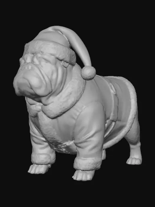 3D model for A sturdy bulldog, with its characteristic broad, wrinkled face and stocky build, stands proudly. It wears a full Santa suit made of plush, deep red velvet with soft, fluffy white fur trim. A glossy black leather belt with a shiny gold buckle cinches the suit. The bulldog also dons a matching Santa hat, completing its festive, slightly grumpy look, giving a sense of warmth and festive joy.