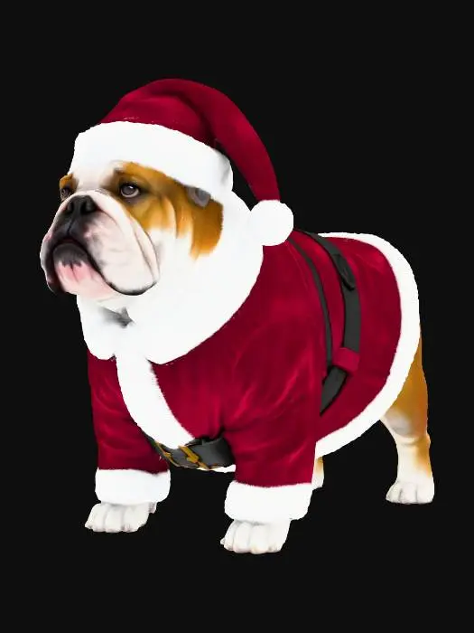 3D model for A sturdy bulldog, with its characteristic broad, wrinkled face and stocky build, stands proudly. It wears a full Santa suit made of plush, deep red velvet with soft, fluffy white fur trim. A glossy black leather belt with a shiny gold buckle cinches the suit. The bulldog also dons a matching Santa hat, completing its festive, slightly grumpy look, giving a sense of warmth and festive joy.