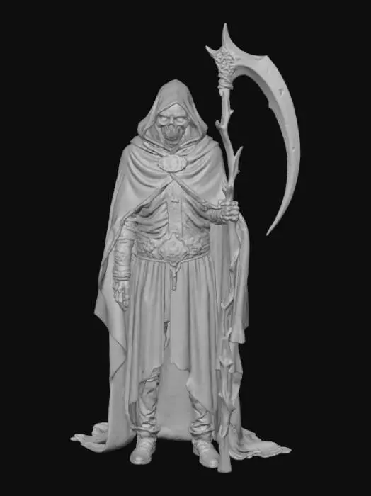 3D model for сделай жуткую статуэтку с этими атрибутами, чтоб была детализированная и объемная и еще вместо этой женщины должна быть фигура смерти с косой