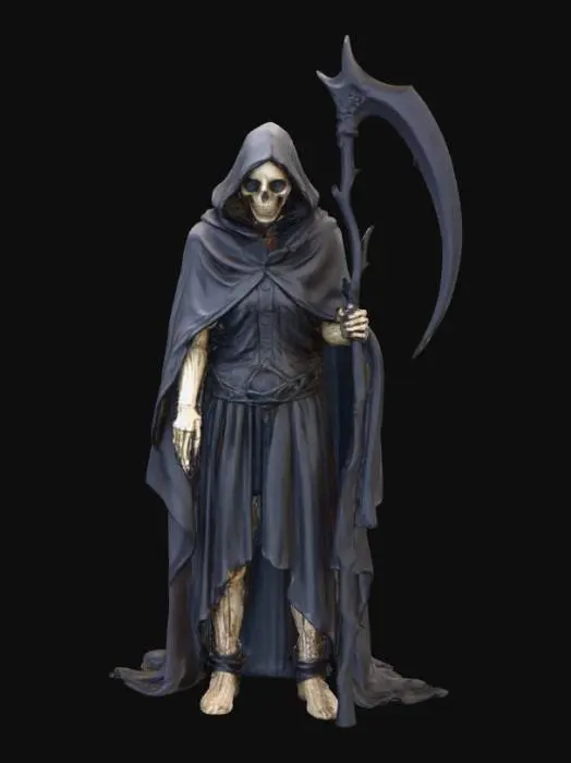 3D model for сделай жуткую статуэтку с этими атрибутами, чтоб была детализированная и объемная и еще вместо этой женщины должна быть фигура смерти с косой