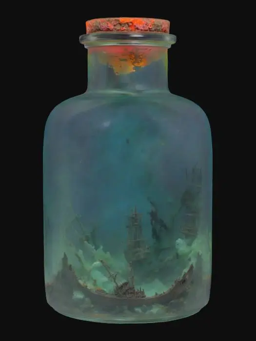 3D model for A miniature diorama contained within a clear glass bottle, meticulously depicting a wrecked pirate ship. The decaying wooden hull, dark and barnacle-encrusted, lies fractured upon a vibrant coral reef, showcasing intricate, porous textures in shades of red, orange, and purple. Translucent blue-green resin mimics the surrounding ocean water, with a smooth, shimmering surface that fills the bottle's classic, curved shape, encasing the entire detailed scene., #ocean#