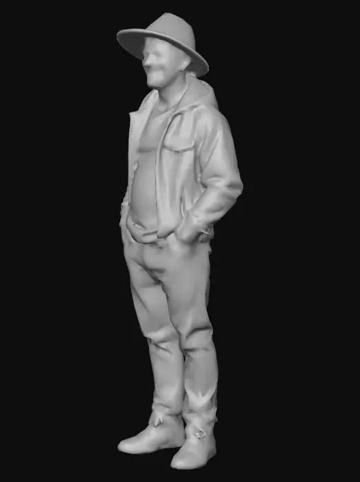 3D model for uomo statura piccola,con pancione ,pantaloni,sorridente testa tonda con cappellino casual, giacca con cappuccio, le mani nella tasca