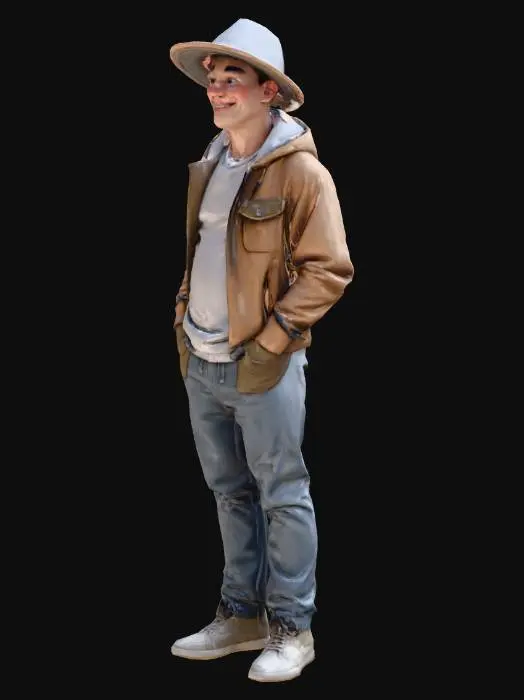 3D model for uomo statura piccola,con pancione ,pantaloni,sorridente testa tonda con cappellino casual, giacca con cappuccio, le mani nella tasca