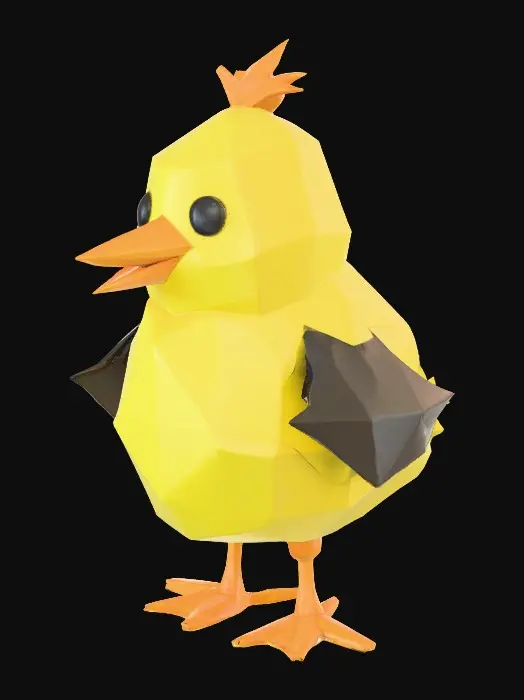 3D model for i want to render a chick made out of triangles, only containing yellow, orange and black.