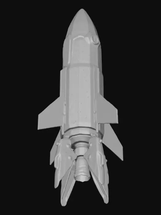 3D model for Generate a rocket model that embodies a sci-fi aesthetic, infused with retro-futurism, and features a sleek yet textured design with striking contrasts of black, white, and orange.