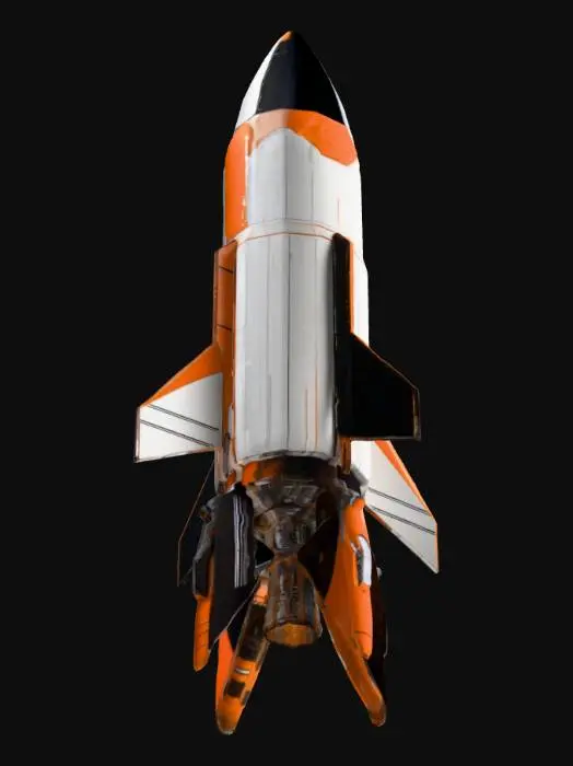 3D model for Generate a rocket model that embodies a sci-fi aesthetic, infused with retro-futurism, and features a sleek yet textured design with striking contrasts of black, white, and orange.