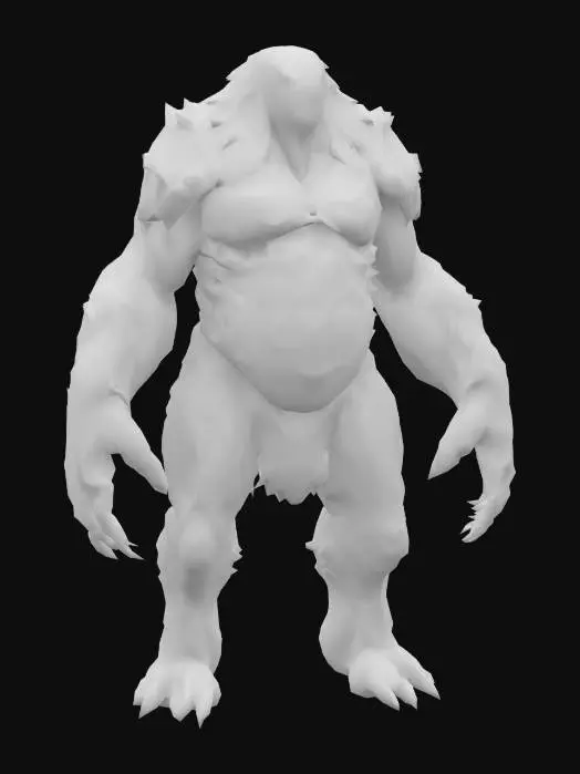 3D model for An enormous humanoid layered in thick, jagged chitin plates, muscle shapes absurdly exaggerated beneath armored carapace, shoulders and arms monstrously overgrown neon.