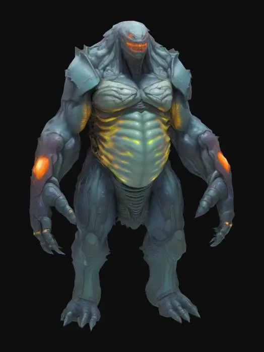 3D model for An enormous humanoid layered in thick, jagged chitin plates, muscle shapes absurdly exaggerated beneath armored carapace, shoulders and arms monstrously overgrown neon.