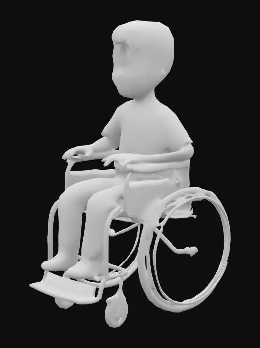3D model for A realistic young child, around 6 years old, sitting in a modern wheelchair designed for children, placed in a park or outdoor setting. The child has short hair, wearing a comfortable t-shirt and pants, with a calm or curious expression on their face. The wheelchair is a lightweight, modern design with a padded seat, adjustable footrests, and small wheels, showing realistic details like metal frames and fabric textures. Highly detailed, realistic style, with natural proportions and accurate anatomy for the child and precise mechanical details for the wheelchair.