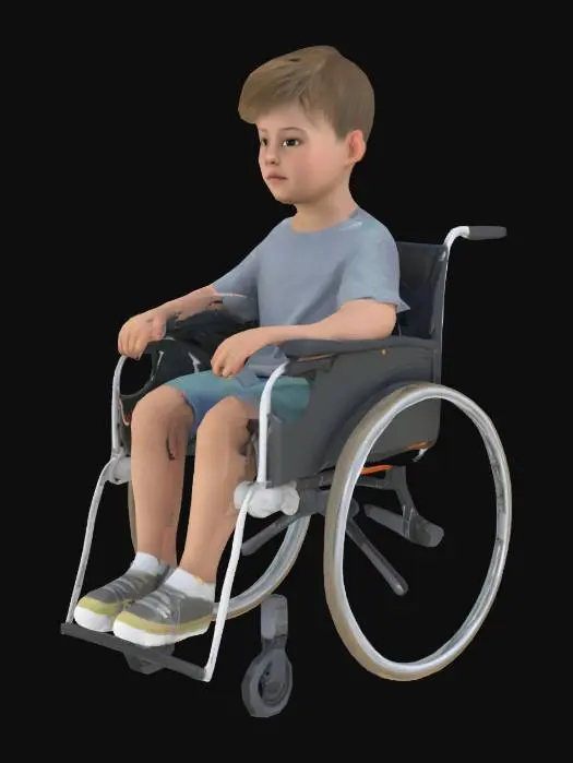 3D model for A realistic young child, around 6 years old, sitting in a modern wheelchair designed for children, placed in a park or outdoor setting. The child has short hair, wearing a comfortable t-shirt and pants, with a calm or curious expression on their face. The wheelchair is a lightweight, modern design with a padded seat, adjustable footrests, and small wheels, showing realistic details like metal frames and fabric textures. Highly detailed, realistic style, with natural proportions and accurate anatomy for the child and precise mechanical details for the wheelchair.