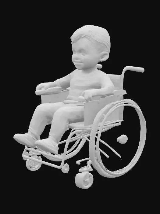 3D model for A realistic young child, around 6 years old, sitting in a modern wheelchair designed for children, placed in a park or outdoor setting. The child has short hair, wearing a comfortable t-shirt and pants, with a calm or curious expression on their face. The wheelchair is a lightweight, modern design with a padded seat, adjustable footrests, and small wheels, showing realistic details like metal frames and fabric textures. Highly detailed, realistic style, with natural proportions and accurate anatomy for the child and precise mechanical details for the wheelchair.