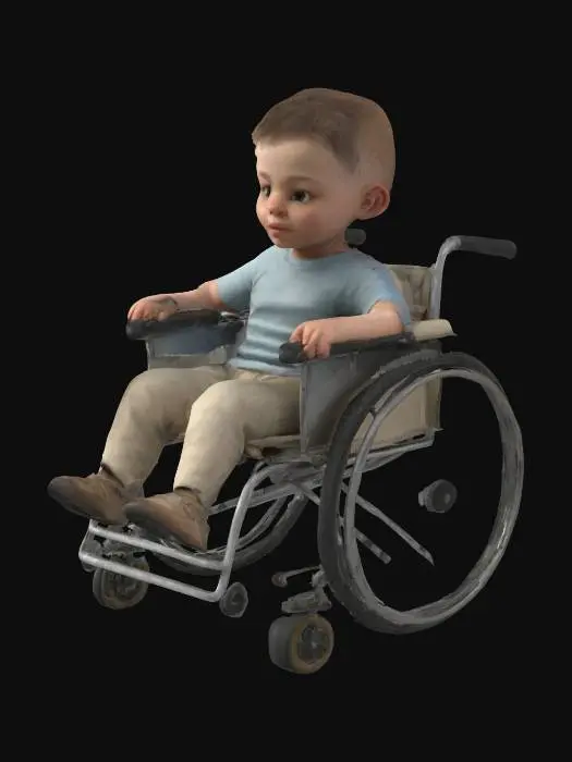 3D model for A realistic young child, around 6 years old, sitting in a modern wheelchair designed for children, placed in a park or outdoor setting. The child has short hair, wearing a comfortable t-shirt and pants, with a calm or curious expression on their face. The wheelchair is a lightweight, modern design with a padded seat, adjustable footrests, and small wheels, showing realistic details like metal frames and fabric textures. Highly detailed, realistic style, with natural proportions and accurate anatomy for the child and precise mechanical details for the wheelchair.